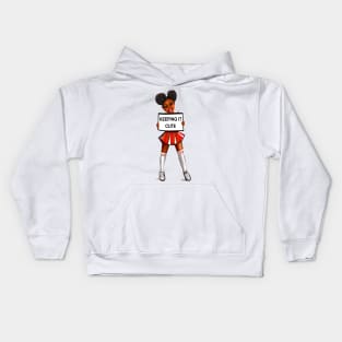 Inspirational motivational affirmation black anime girl cheerleader with Afro hair in puffs, brown eyes and dark brown skin side profile. Hair love ! Kids Hoodie